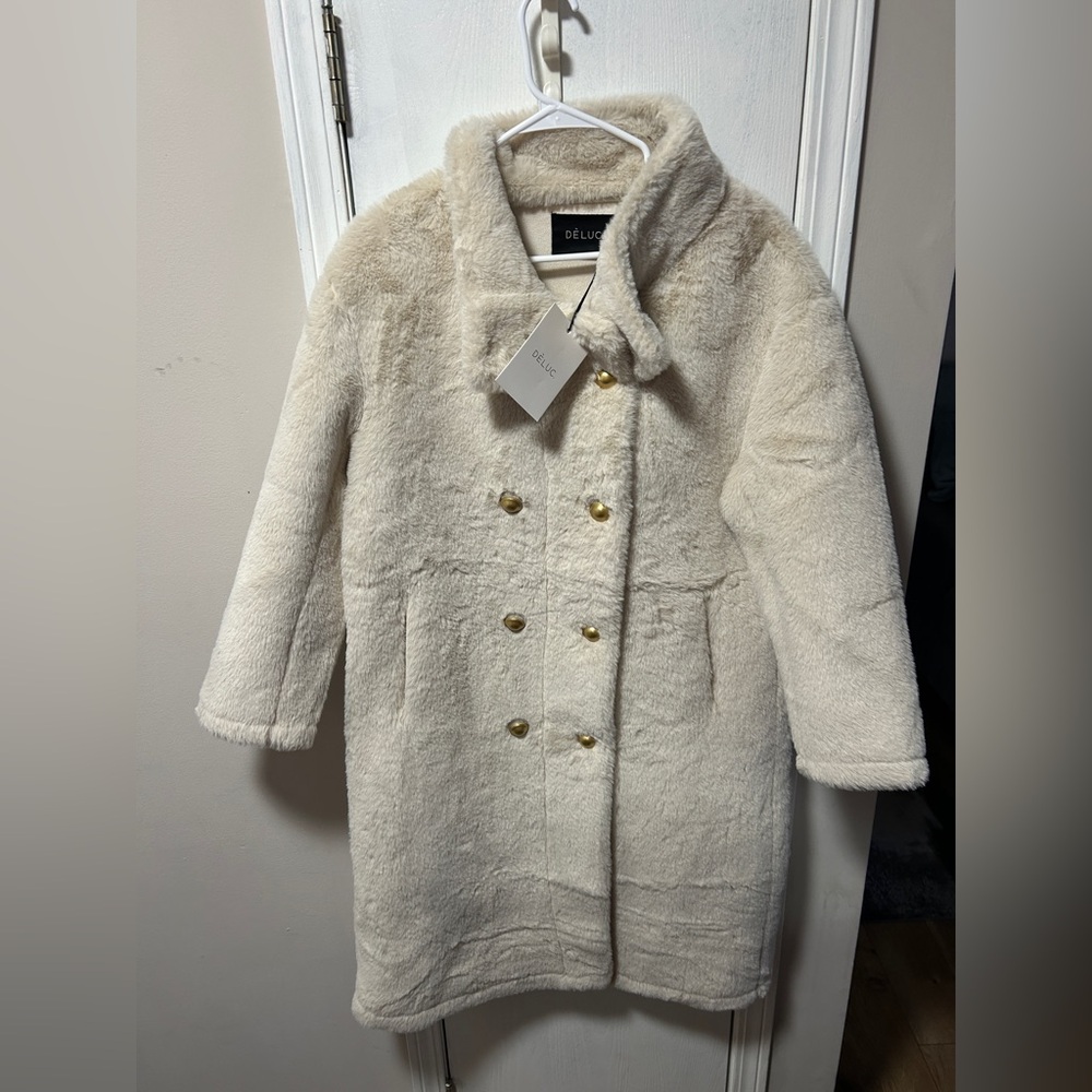 Deluc Women's Cream fur Jacket with Gold Buttons NWT